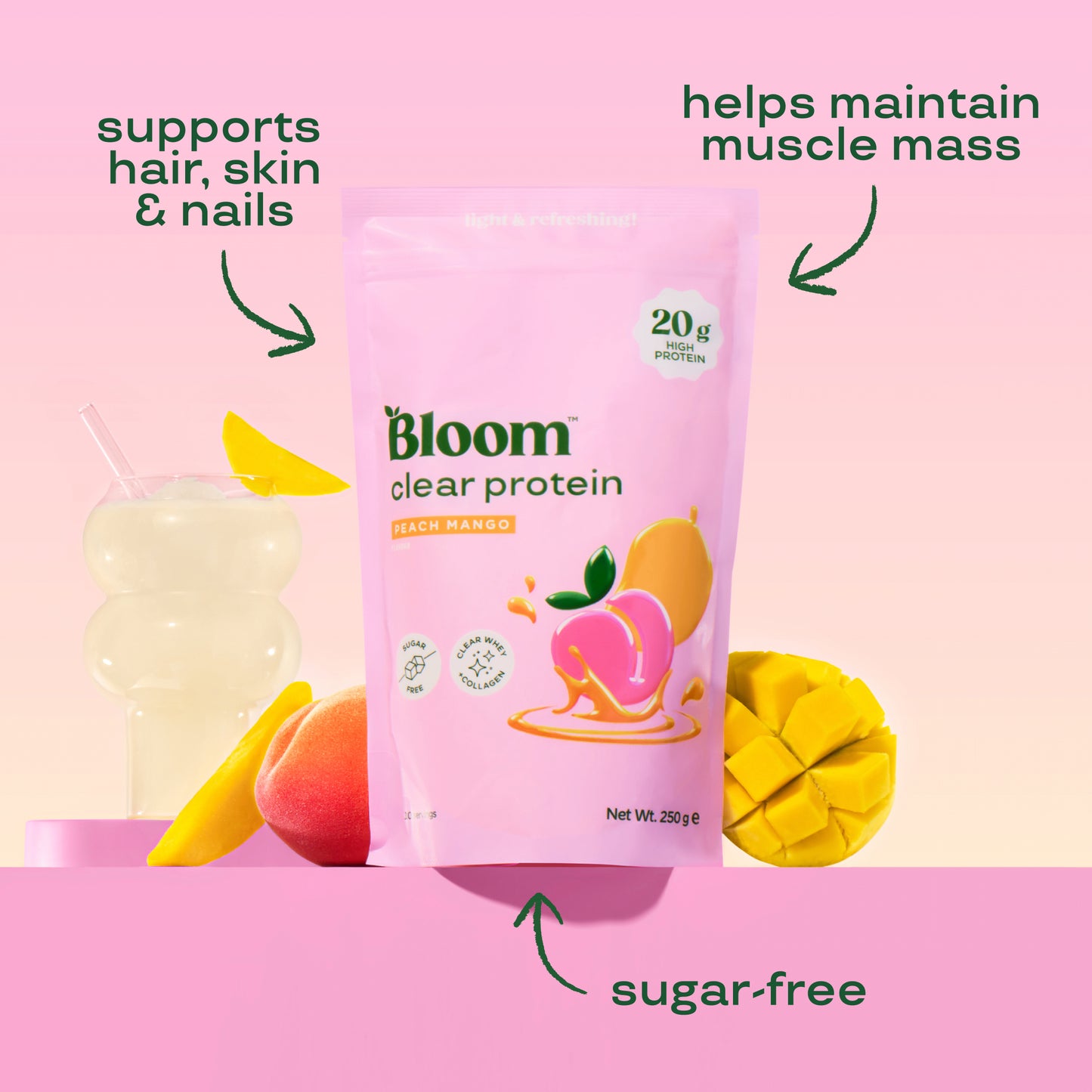 Bloom Clear Protein + Collagen – Fersken & Mangosmag, 250 g