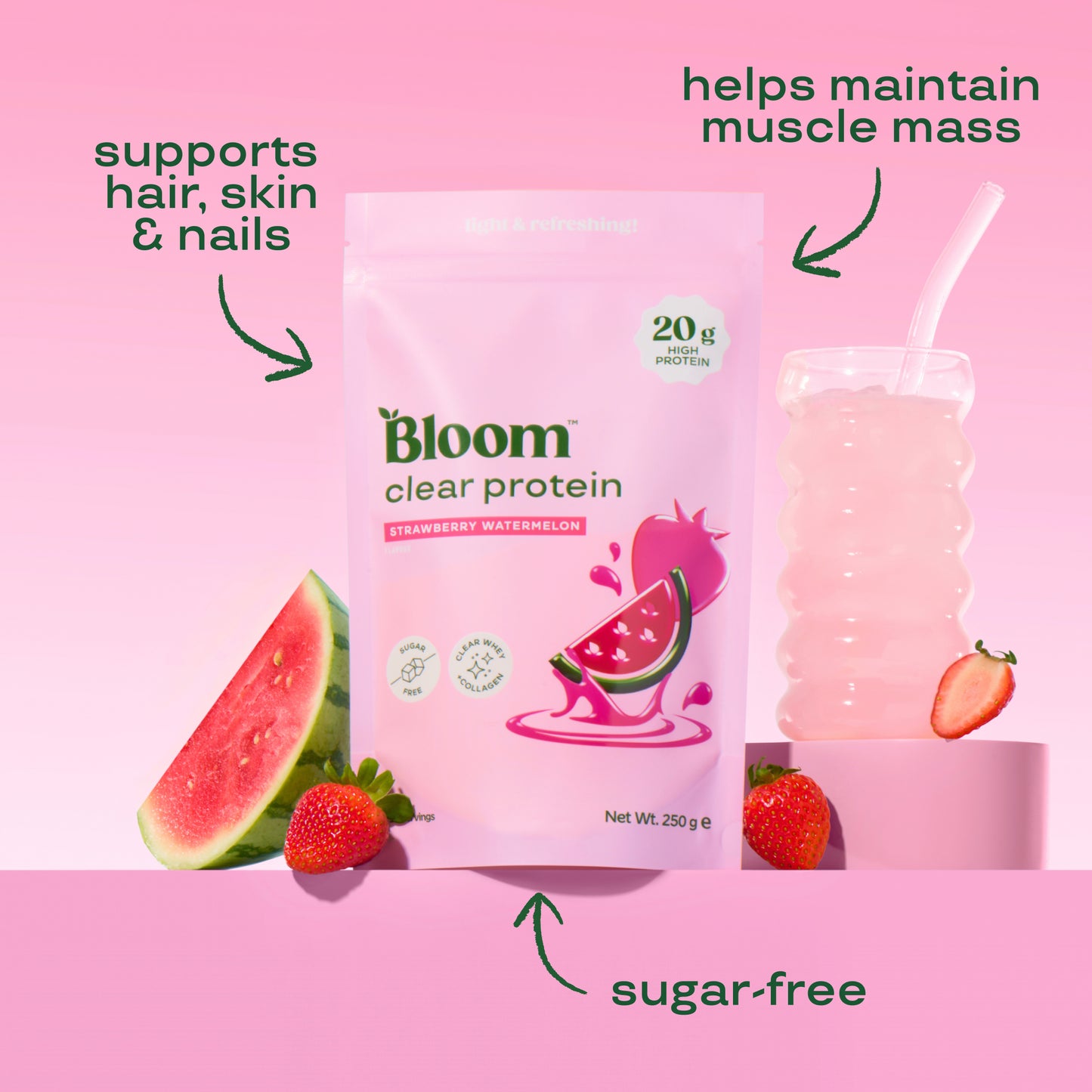Bloom Clear Protein + Collagen – Jordbær & Vandmelonsmag, 250 g
