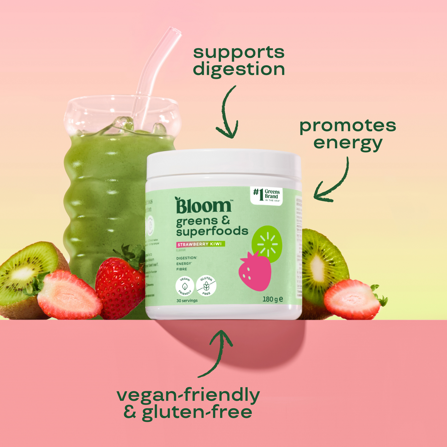 Bloom Greens & Superfoods – Jordbær & Kiwi, 180 g